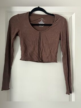 Klassy Network Brown Ribbed Long-Sleeve Crop Top